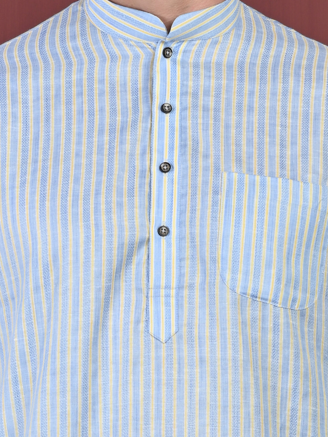 Blue & Yellow Striped Cotton Blend Kurta with White Pajama – Classic Ethnic Wear Set