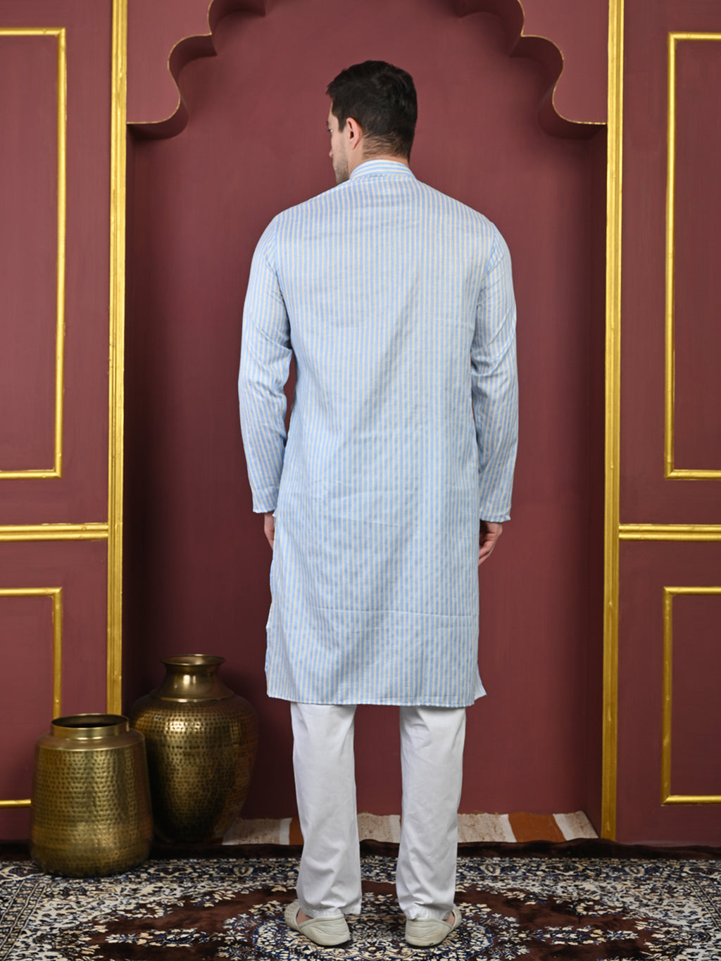 Blue & Yellow Striped Cotton Blend Kurta with White Pajama – Classic Ethnic Wear Set