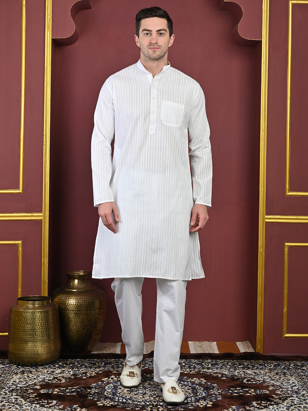 White Striped Cotton Blend Kurta with White Pajama – Classic Ethnic Wear Set
