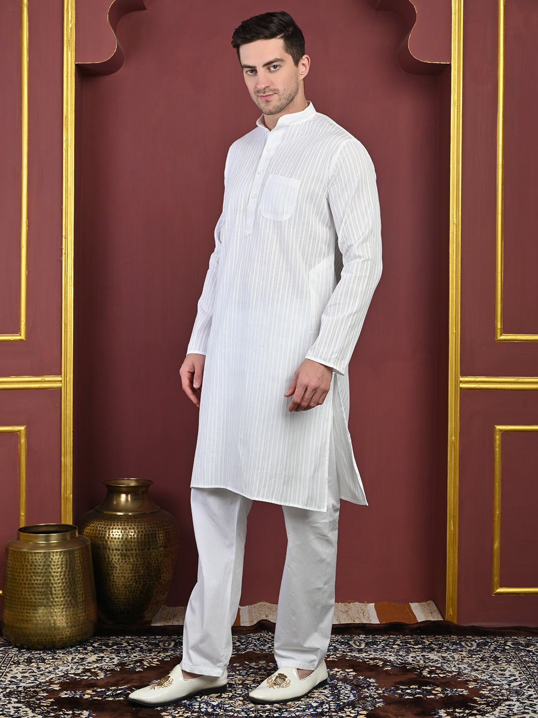 White Striped Cotton Blend Kurta with White Pajama – Classic Ethnic Wear Set