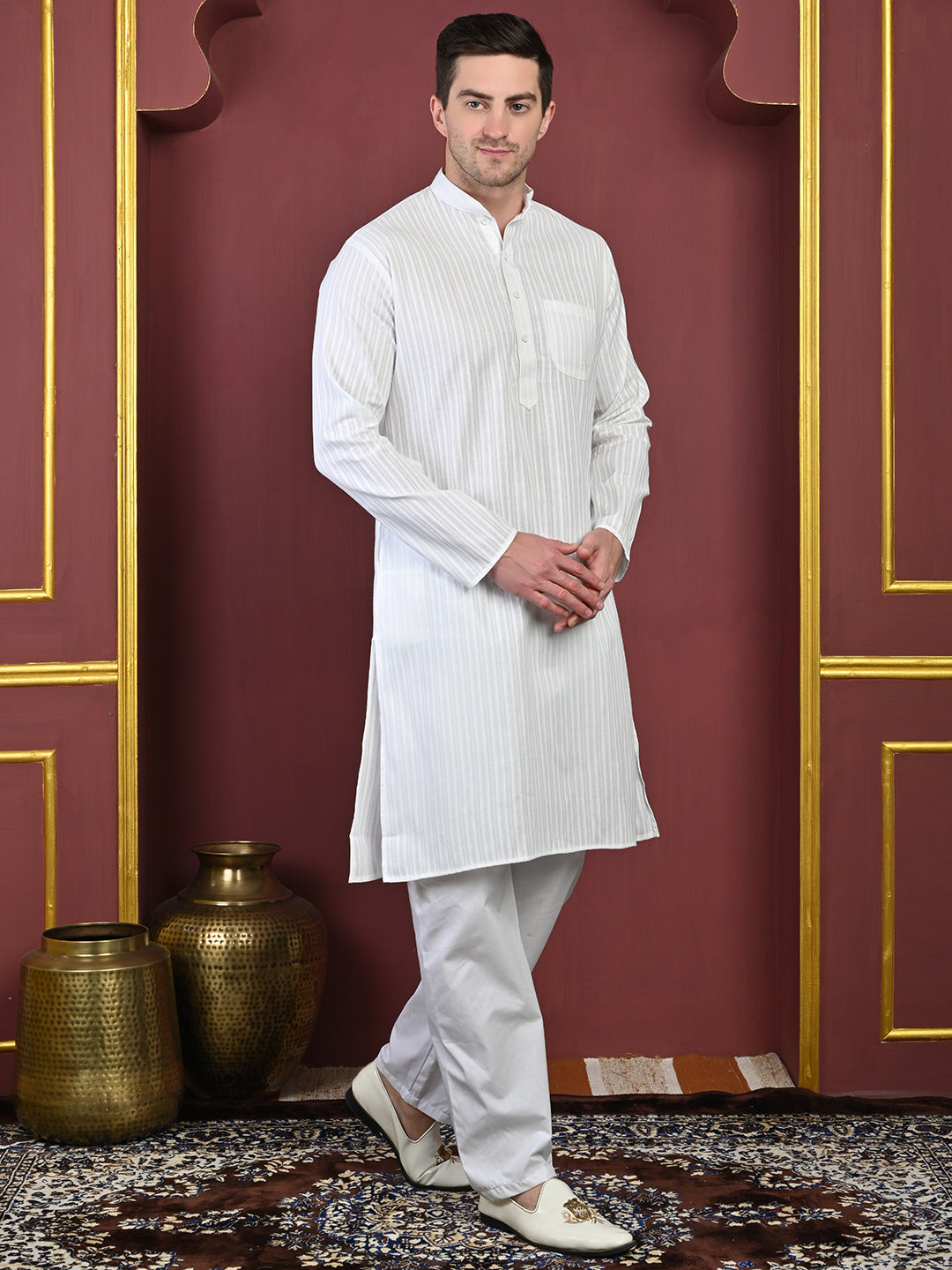 White Striped Cotton Blend Kurta with White Pajama – Classic Ethnic Wear Set
