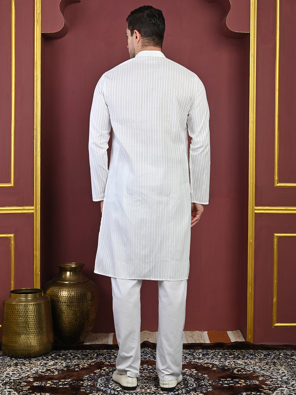 White Striped Cotton Blend Kurta with White Pajama – Classic Ethnic Wear Set
