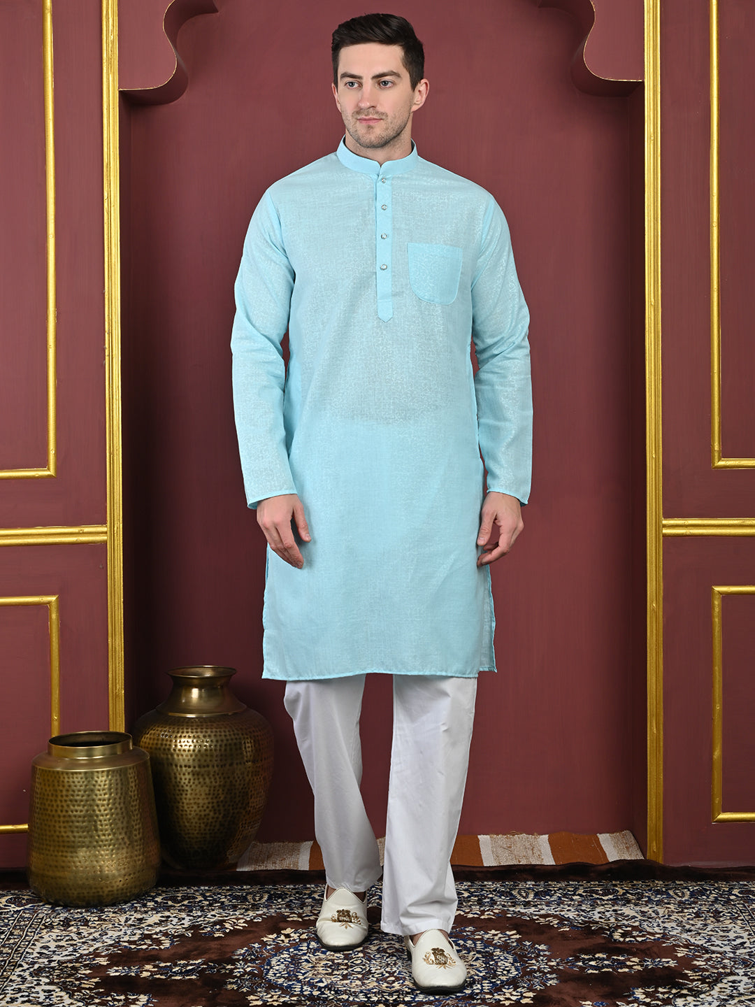 Emboss Classic Sky-Blue Textured Kurta with White Pajama Set Men's Ethnic