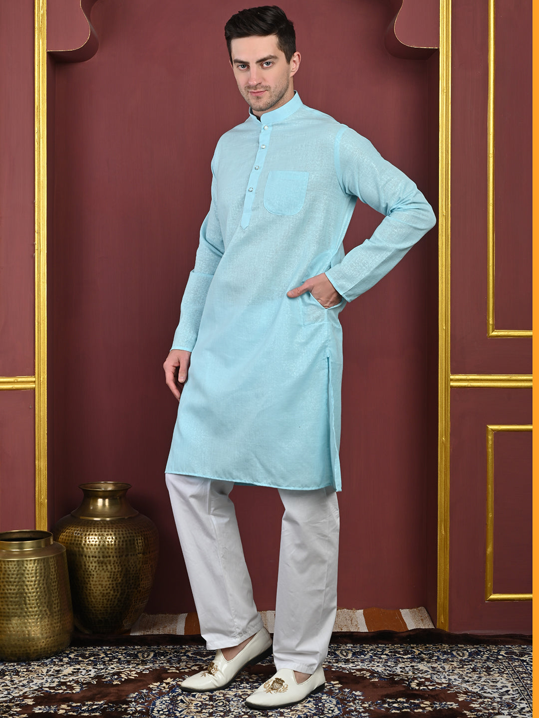 Emboss Classic Sky-Blue Textured Kurta with White Pajama Set Men's Ethnic