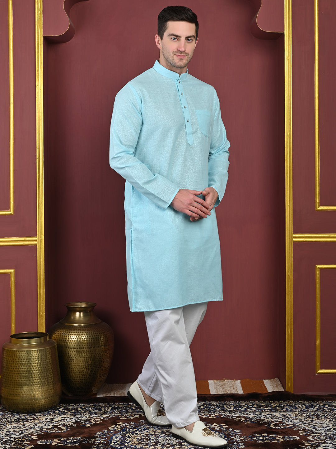 Emboss Classic Sky-Blue Textured Kurta with White Pajama Set Men's Ethnic