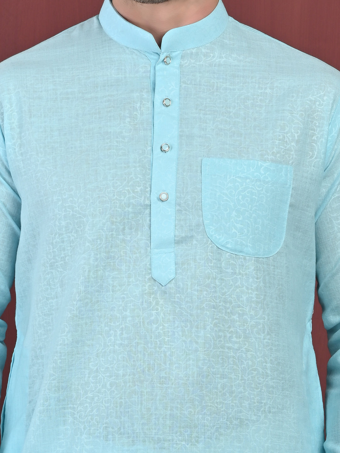 Emboss Classic Sky-Blue Textured Kurta with White Pajama Set Men's Ethnic