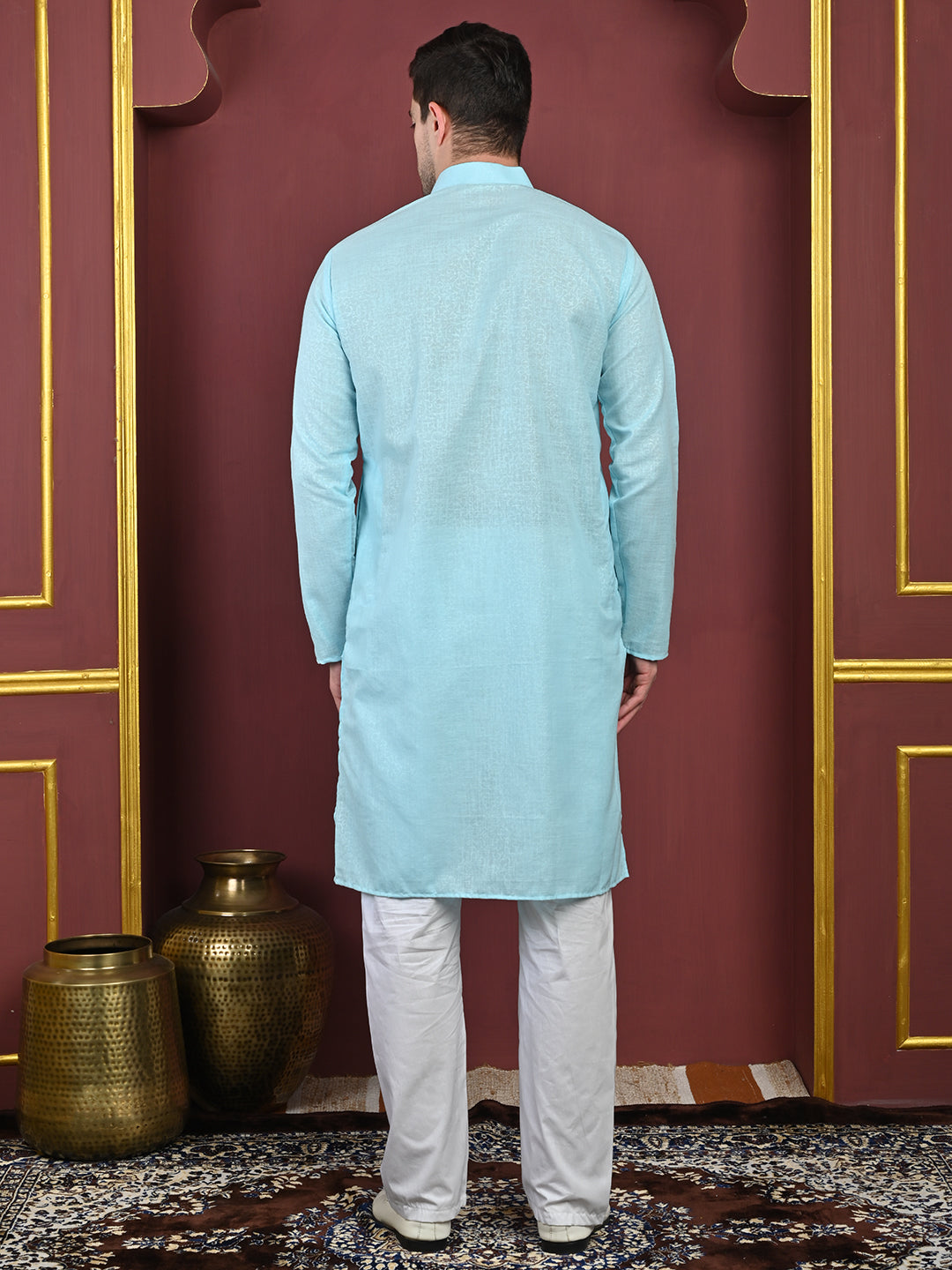 Emboss Classic Sky-Blue Textured Kurta with White Pajama Set Men's Ethnic