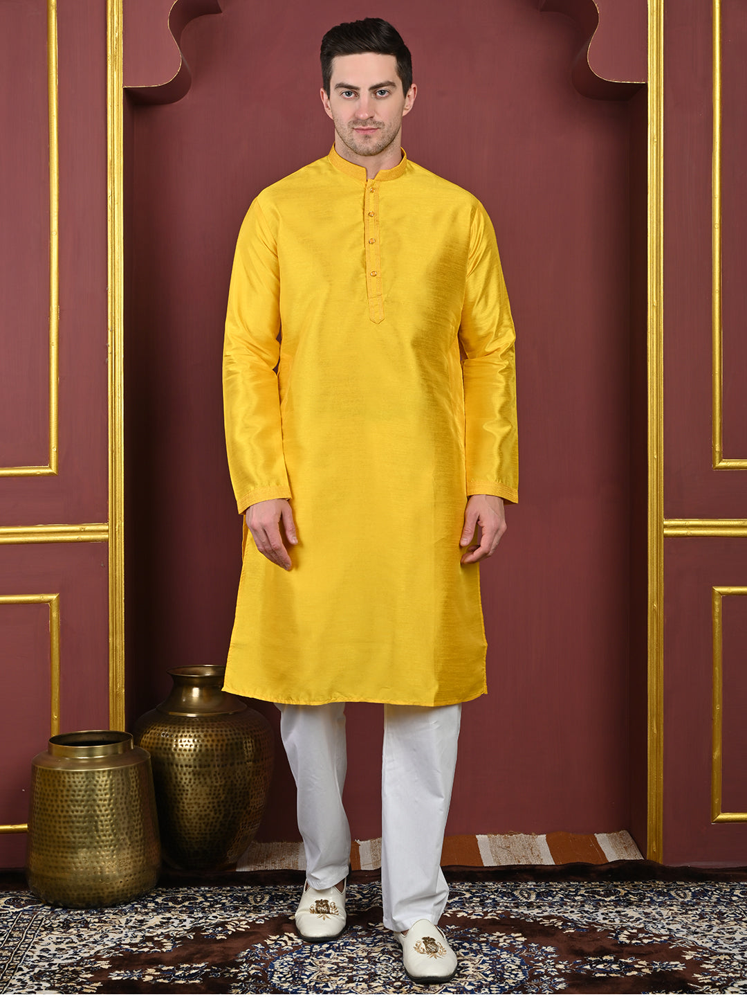 Yellow Dupion Silk Kurta Pajama Set