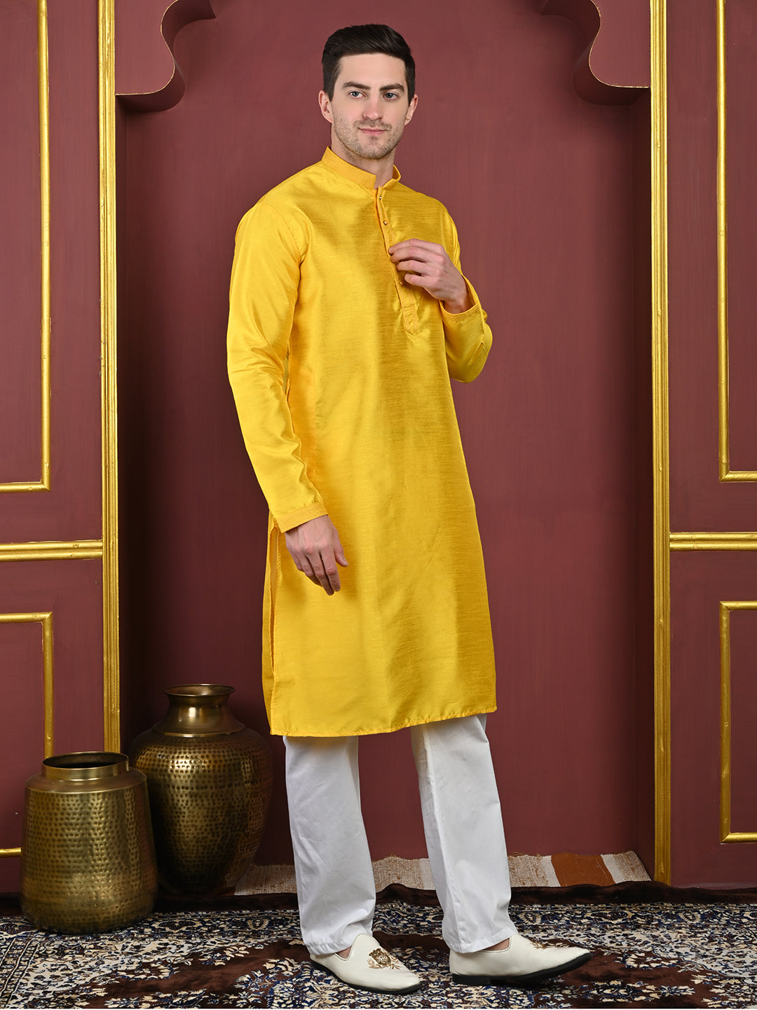 Yellow Dupion Silk Kurta Pajama Set