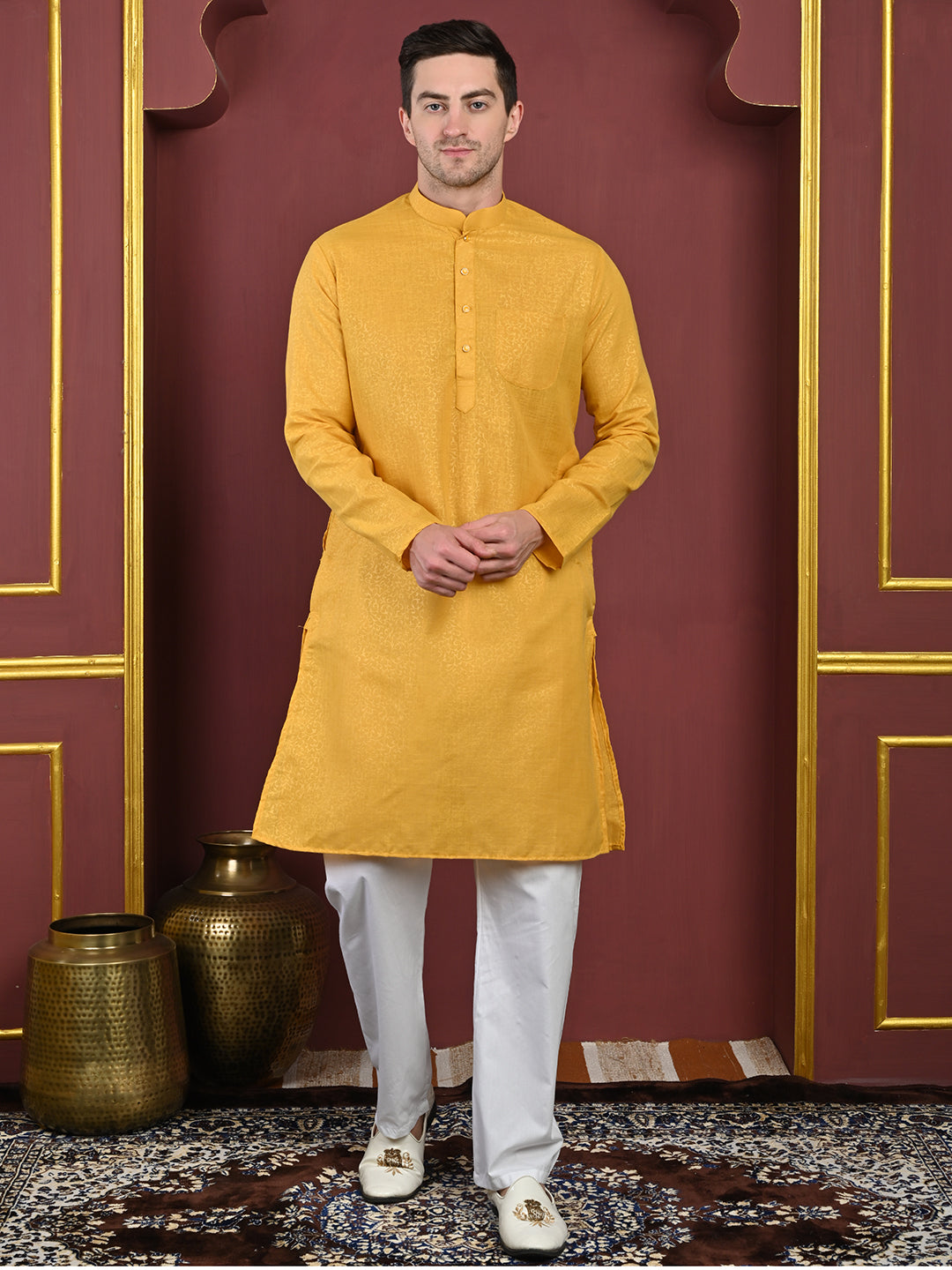 Emboss Classic Yellow Textured Kurta with White Pajama Set Men's Ethnic