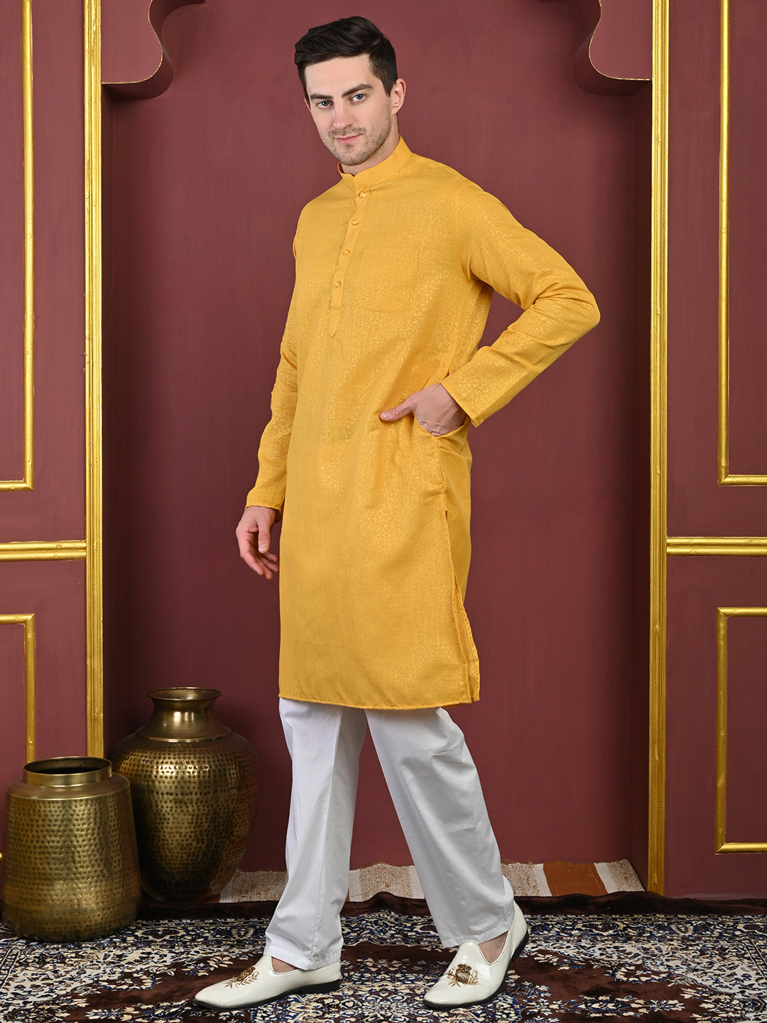Emboss Classic Yellow Textured Kurta with White Pajama Set Men's Ethnic