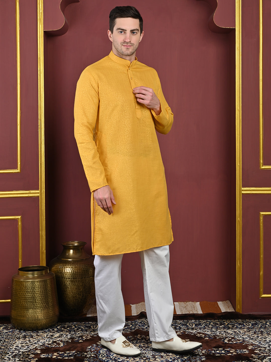 Emboss Classic Yellow Textured Kurta with White Pajama Set Men's Ethnic