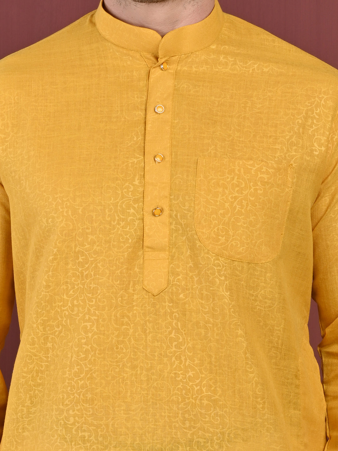 Emboss Classic Yellow Textured Kurta with White Pajama Set Men's Ethnic