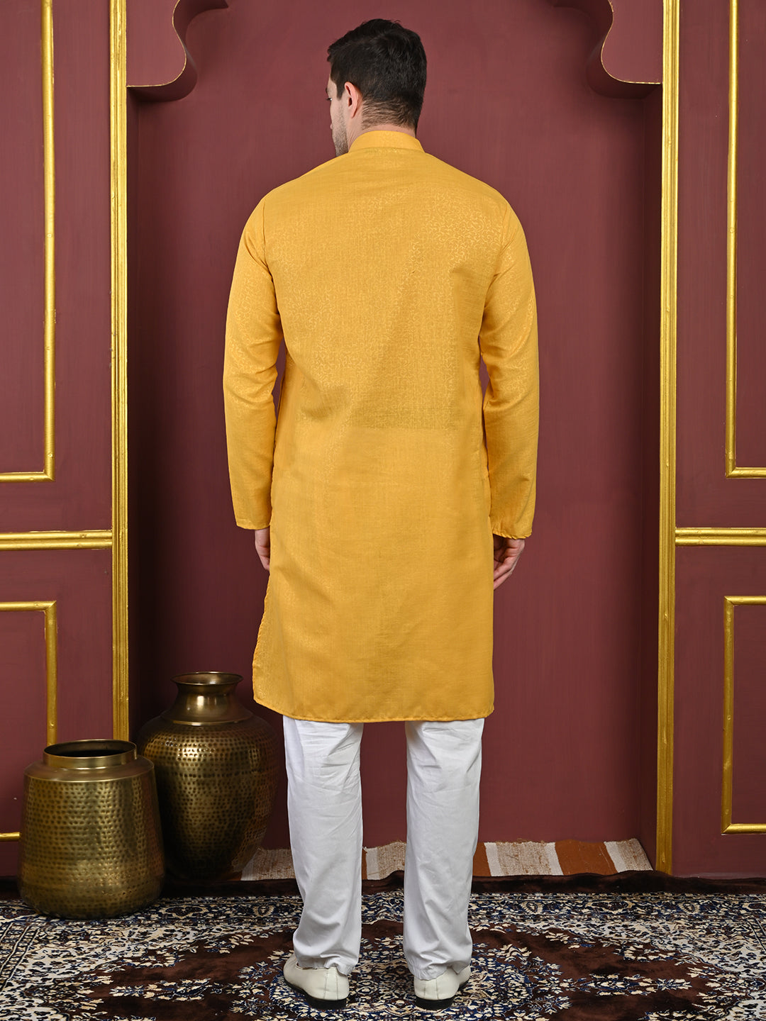 Emboss Classic Yellow Textured Kurta with White Pajama Set Men's Ethnic