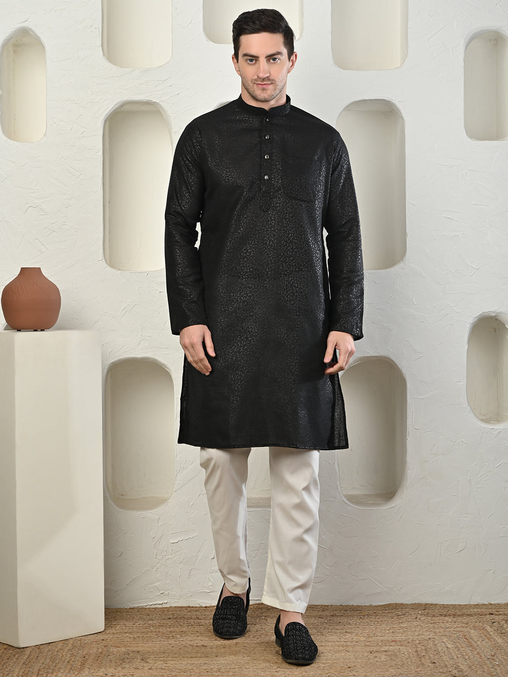 Emboss Classic Black Textured Kurta with White Pajama Set Men's Ethnic