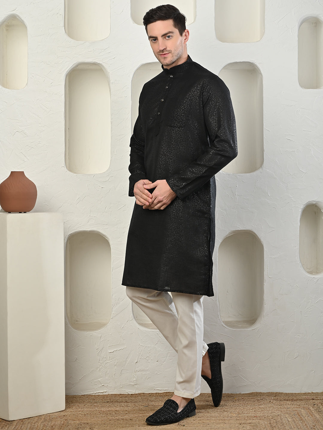 Emboss Classic Black Textured Kurta with White Pajama Set Men's Ethnic