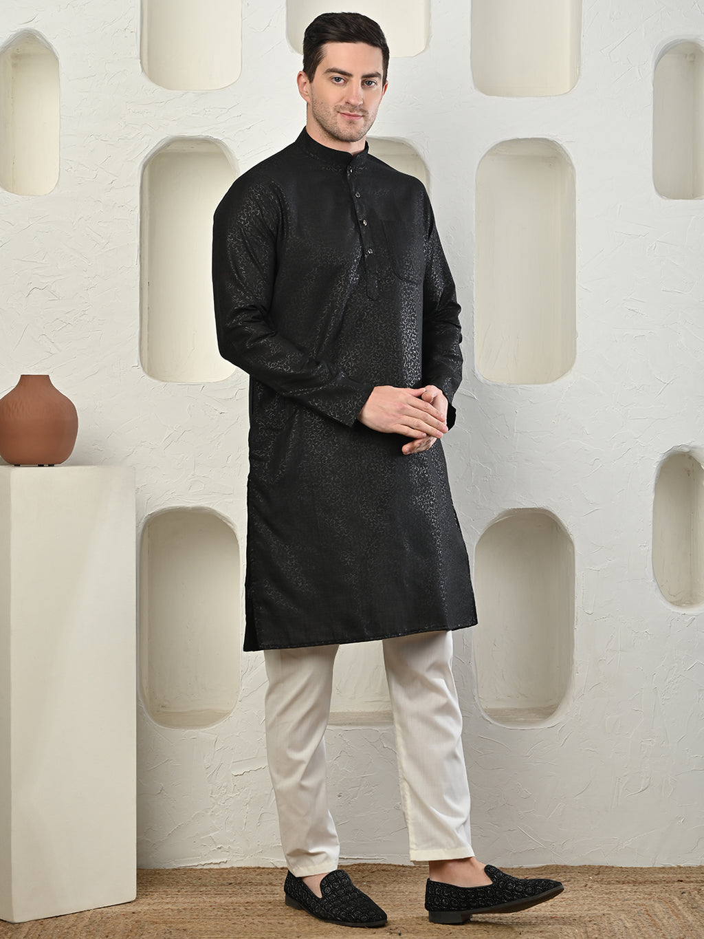 Emboss Classic Black Textured Kurta with White Pajama Set Men's Ethnic
