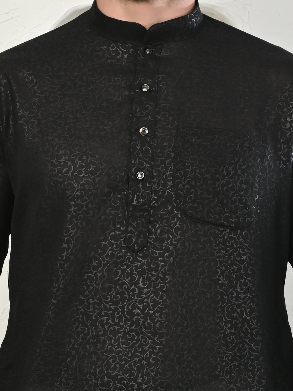 Emboss Classic Black Textured Kurta with White Pajama Set Men's Ethnic