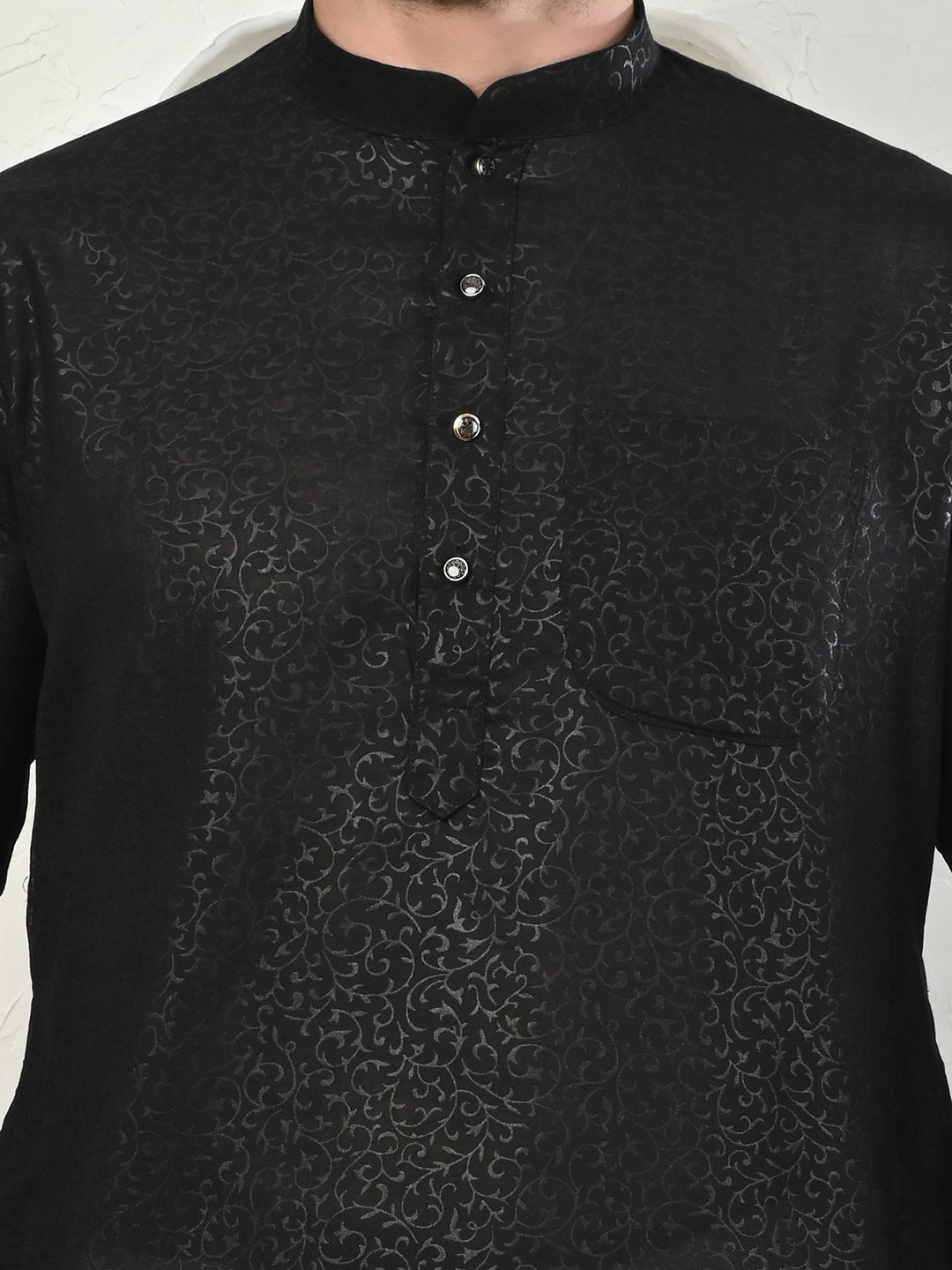 Emboss Classic Black Textured Kurta with White Pajama Set Men's Ethnic