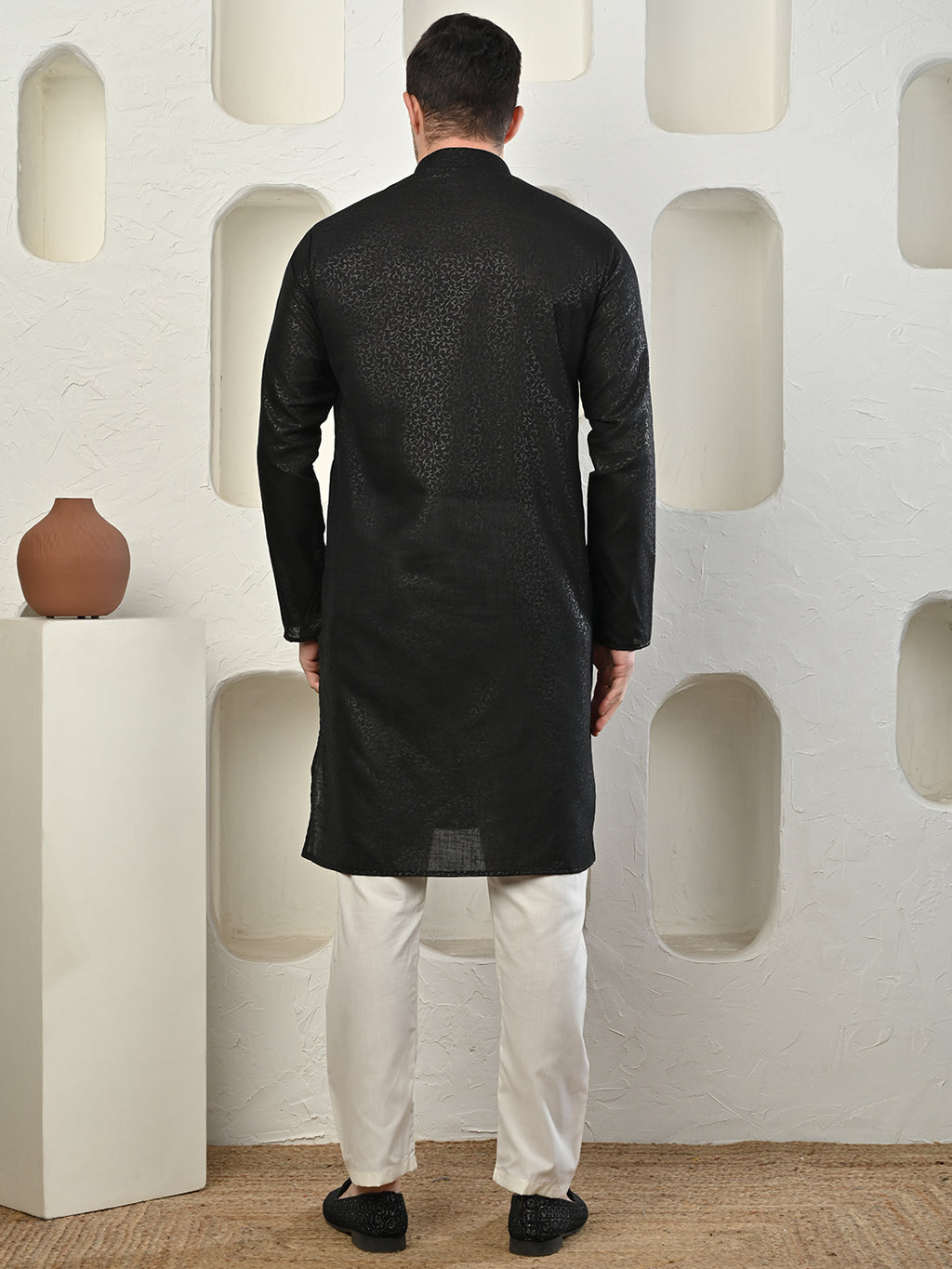 Emboss Classic Black Textured Kurta with White Pajama Set Men's Ethnic