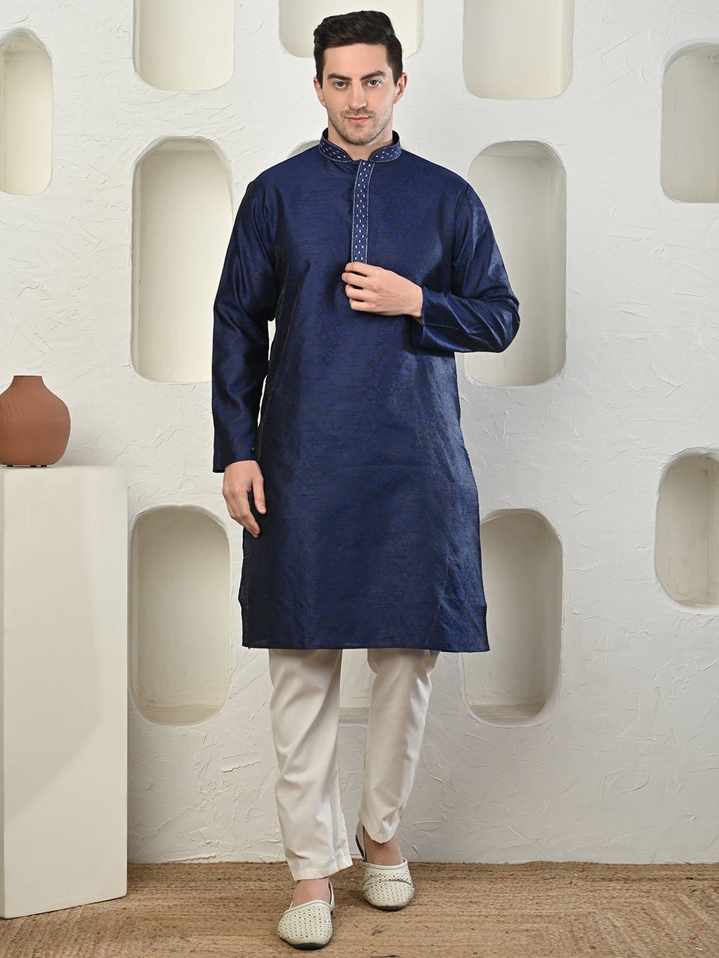 Jacquard Navy Blue Zari Work Silk Kurta Pajama Set