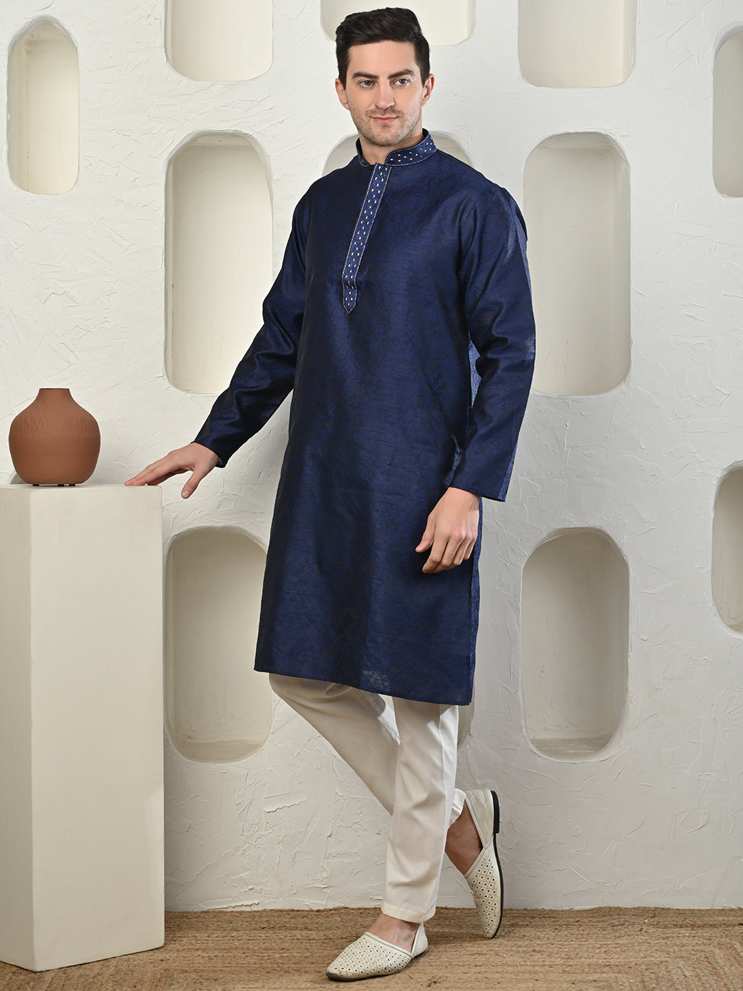Jacquard Navy Blue Zari Work Silk Kurta Pajama Set