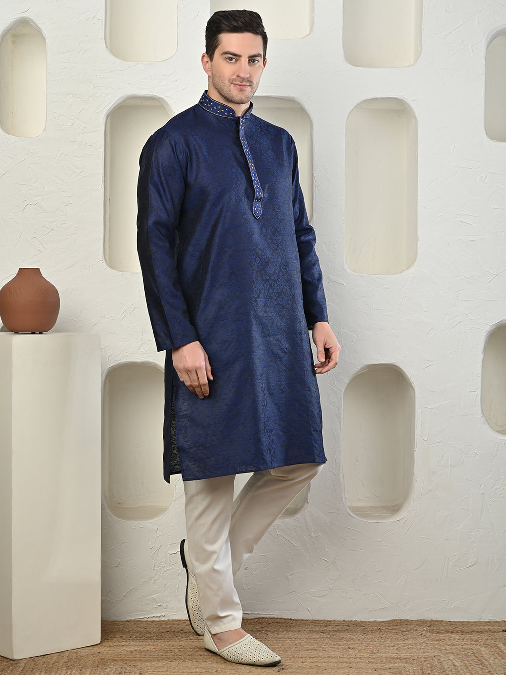 Jacquard Navy Blue Zari Work Silk Kurta Pajama Set