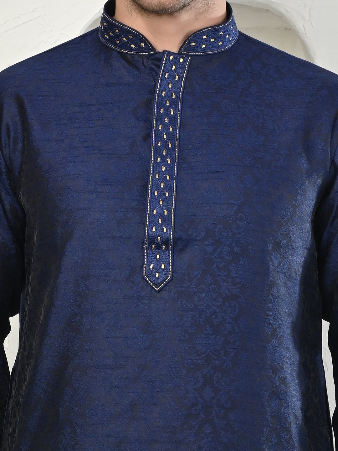 Jacquard Navy Blue Zari Work Silk Kurta Pajama Set