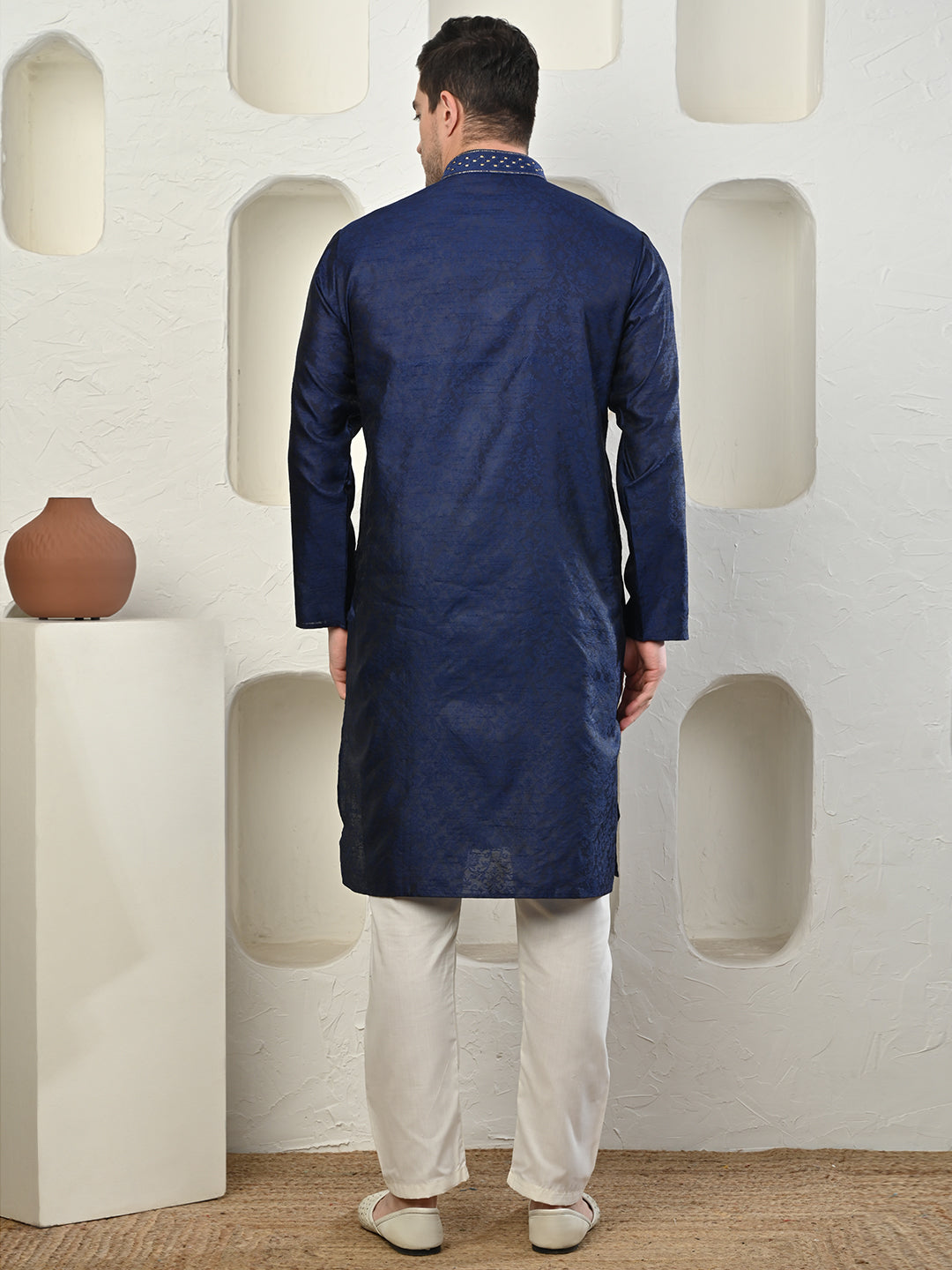 Jacquard Navy Blue Zari Work Silk Kurta Pajama Set