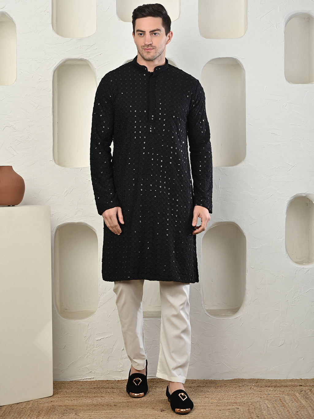 Black Sequin Embroidered Cotton Silk Kurta Set