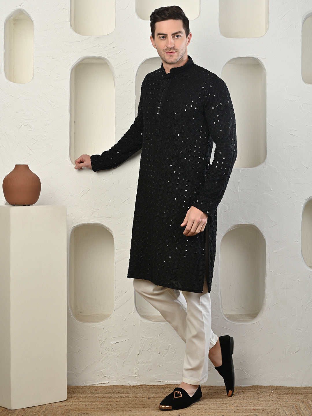 Black Sequin Embroidered Cotton Silk Kurta Set