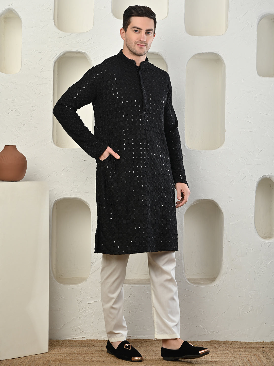 Black Sequin Embroidered Cotton Silk Kurta Set