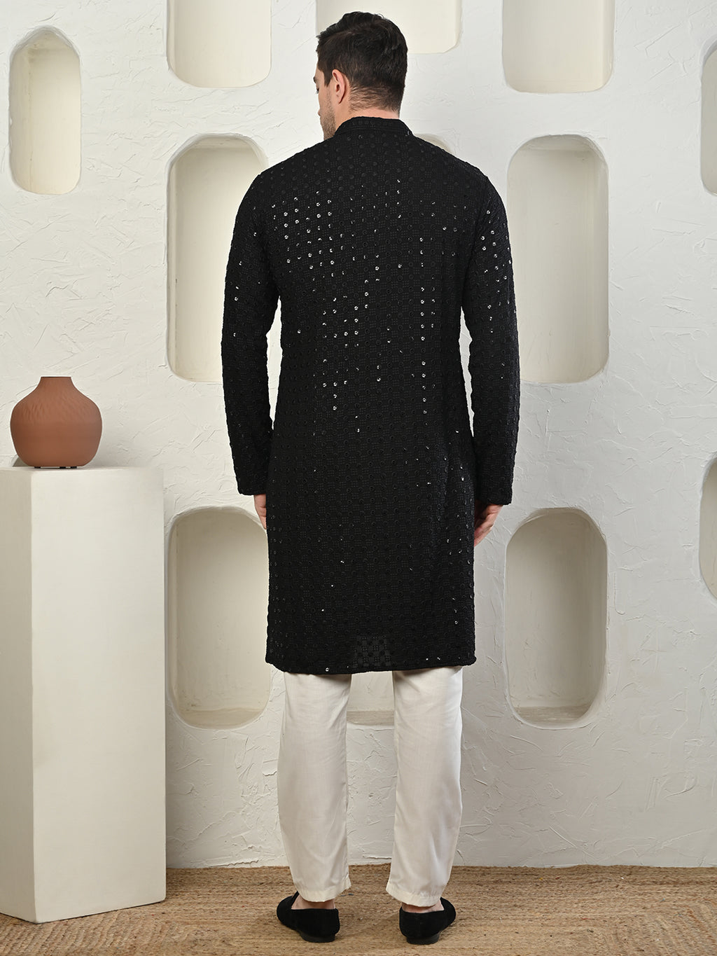 Black Sequin Embroidered Cotton Silk Kurta Set