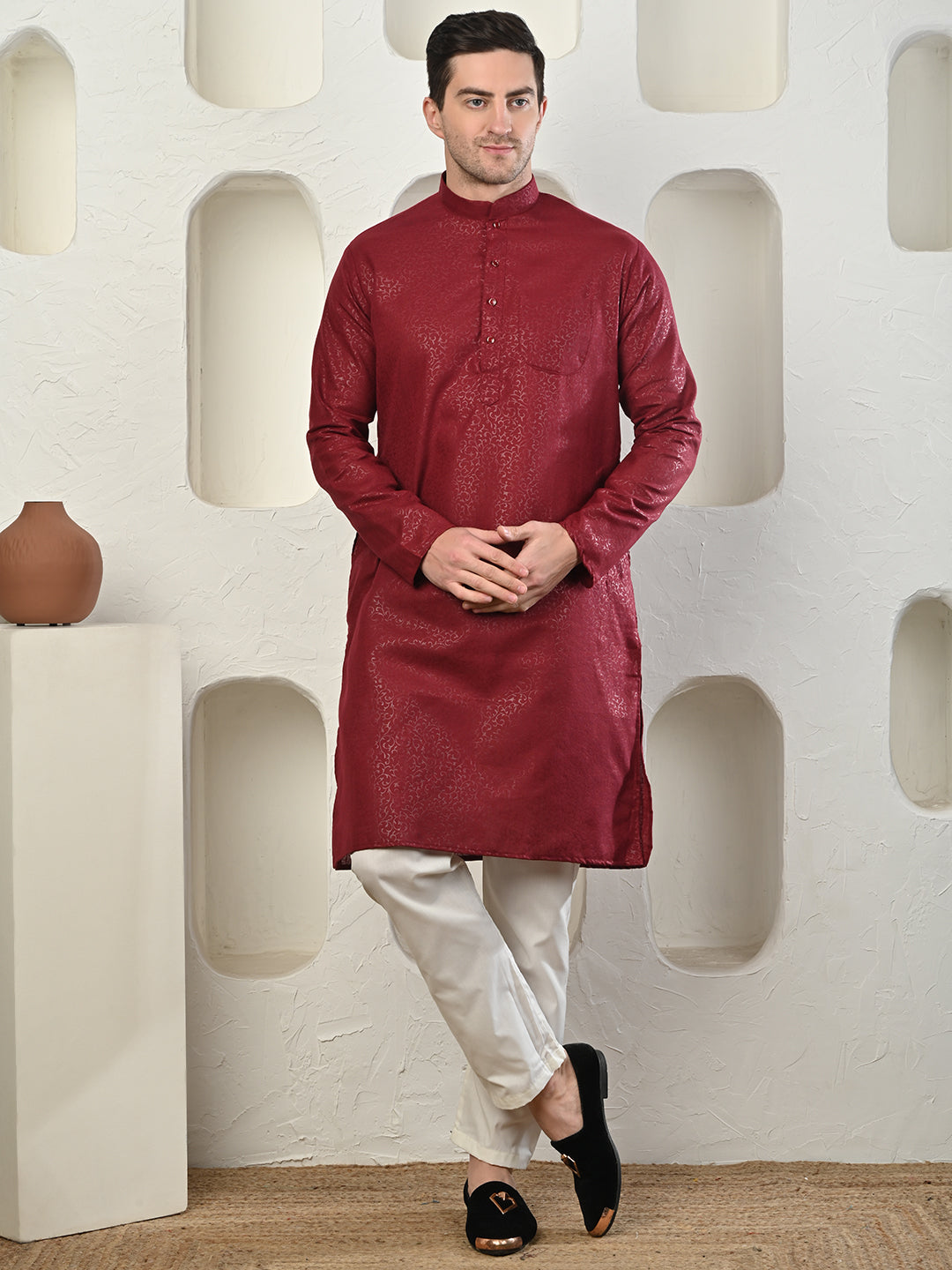 Emboss Classic Maroon Textured Kurta with White Pajama Set Men's Ethnic