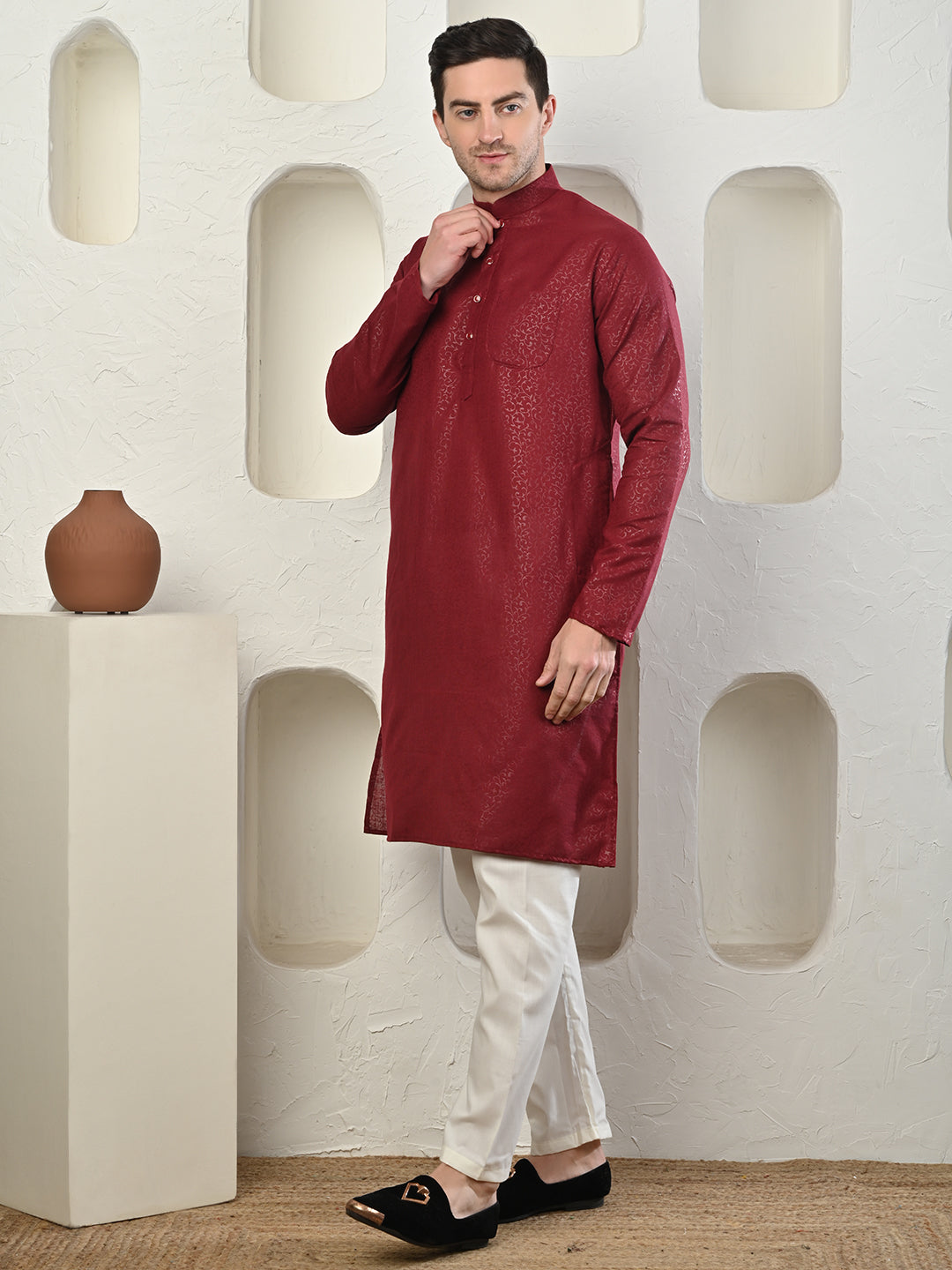 Emboss Classic Maroon Textured Kurta with White Pajama Set Men's Ethnic