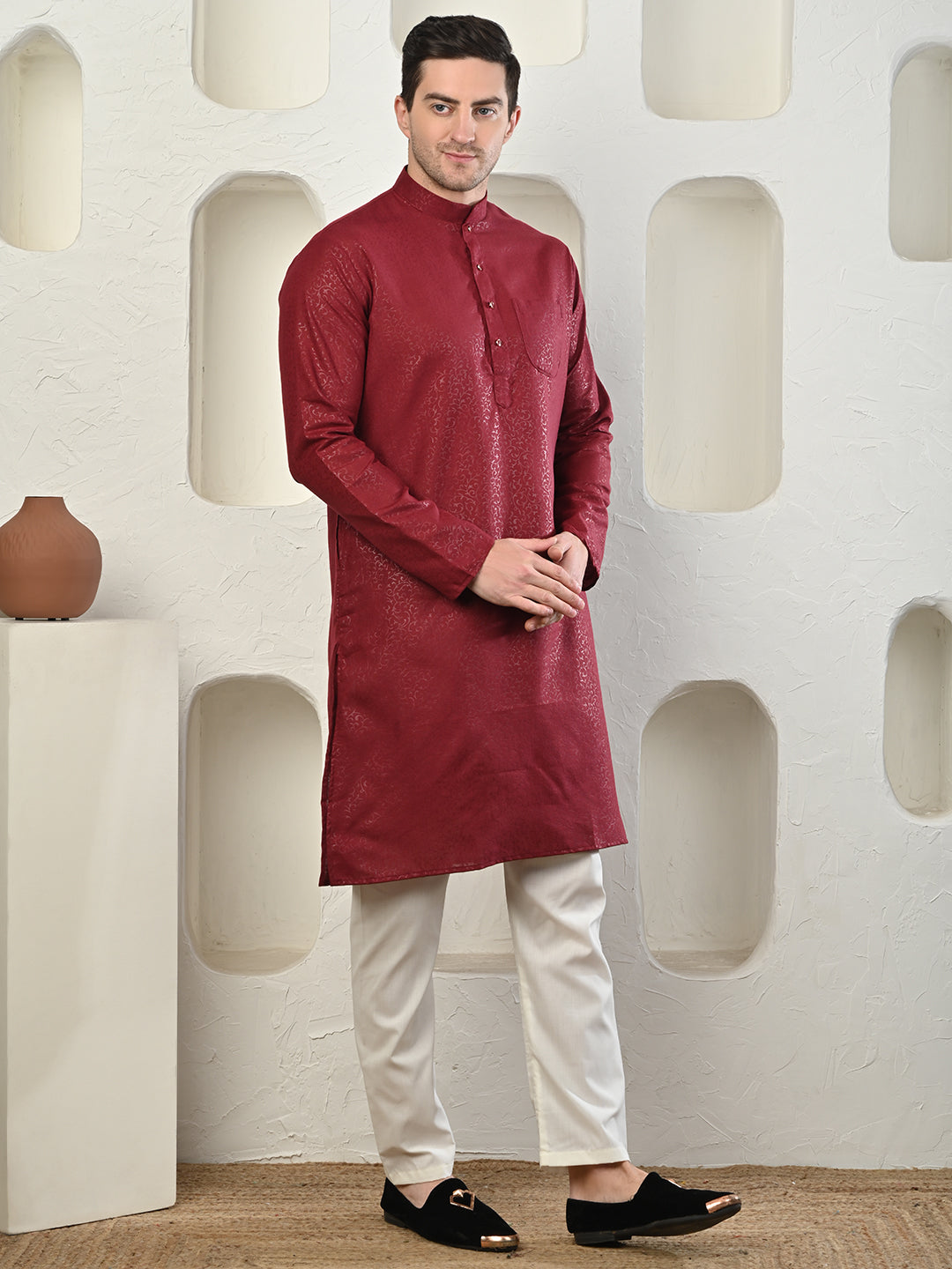 Emboss Classic Maroon Textured Kurta with White Pajama Set Men's Ethnic
