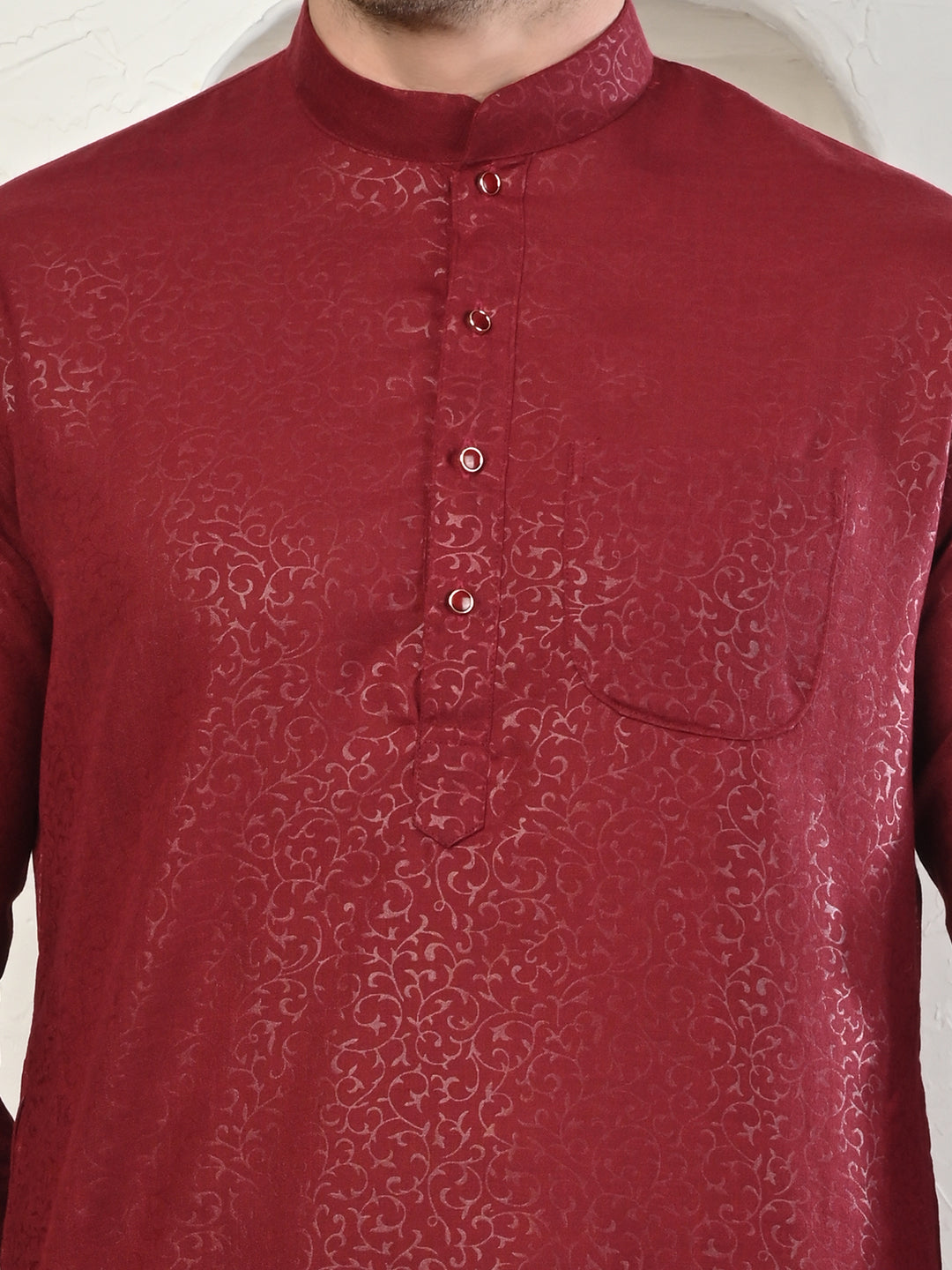 Emboss Classic Maroon Textured Kurta with White Pajama Set Men's Ethnic