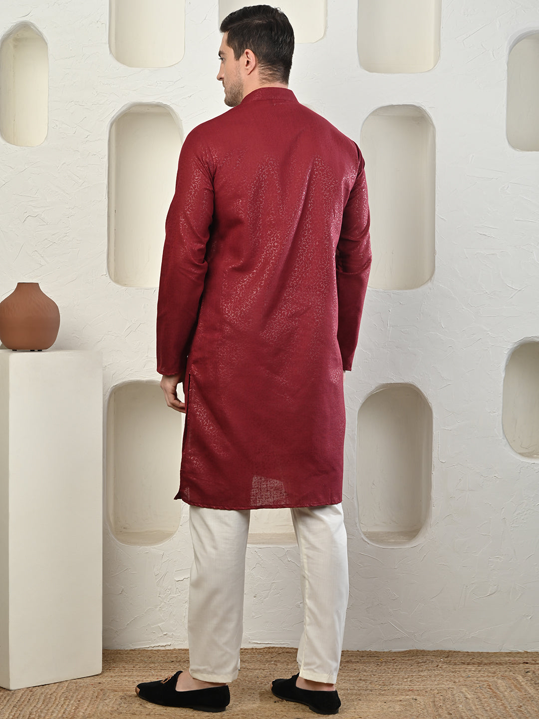 Emboss Classic Maroon Textured Kurta with White Pajama Set Men's Ethnic