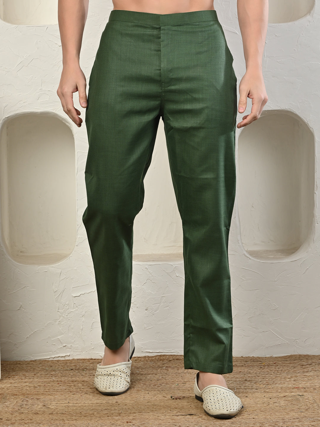 Olive Green Cotton Blend Pathani Kurta Pajama Set