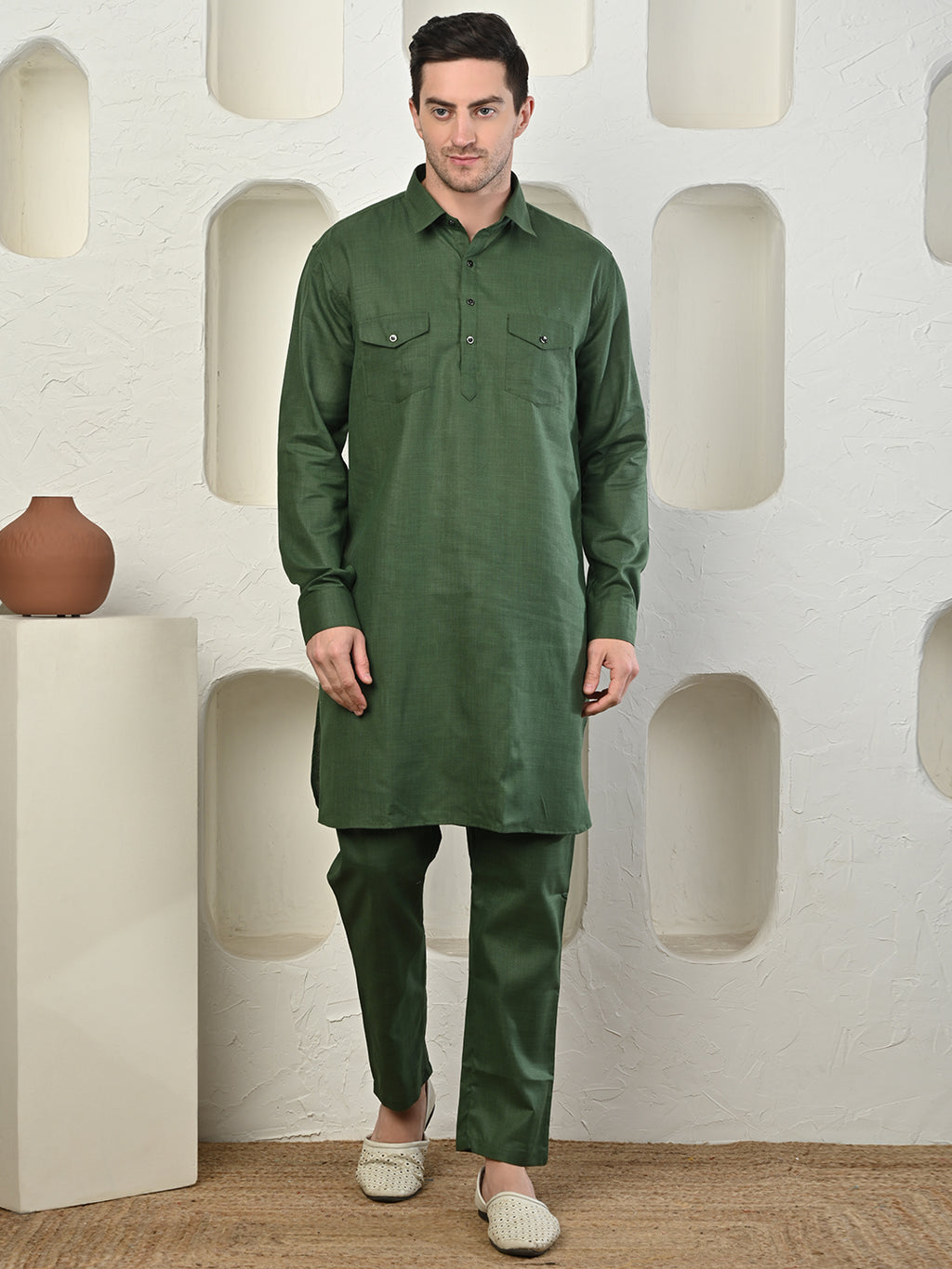 Olive Green Cotton Blend Pathani Kurta Pajama Set