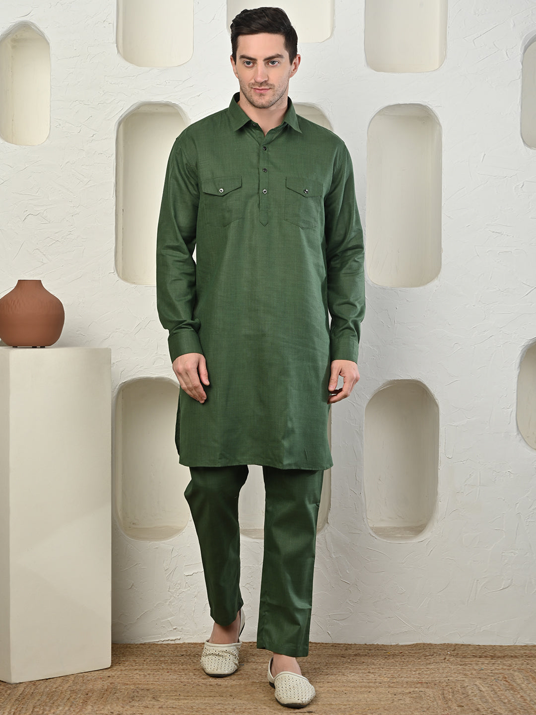 Olive Green Cotton Blend Pathani Kurta Pajama Set