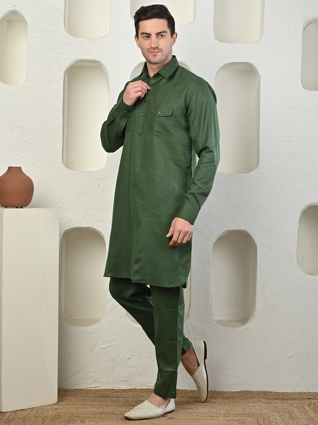 Olive Green Cotton Blend Pathani Kurta Pajama Set