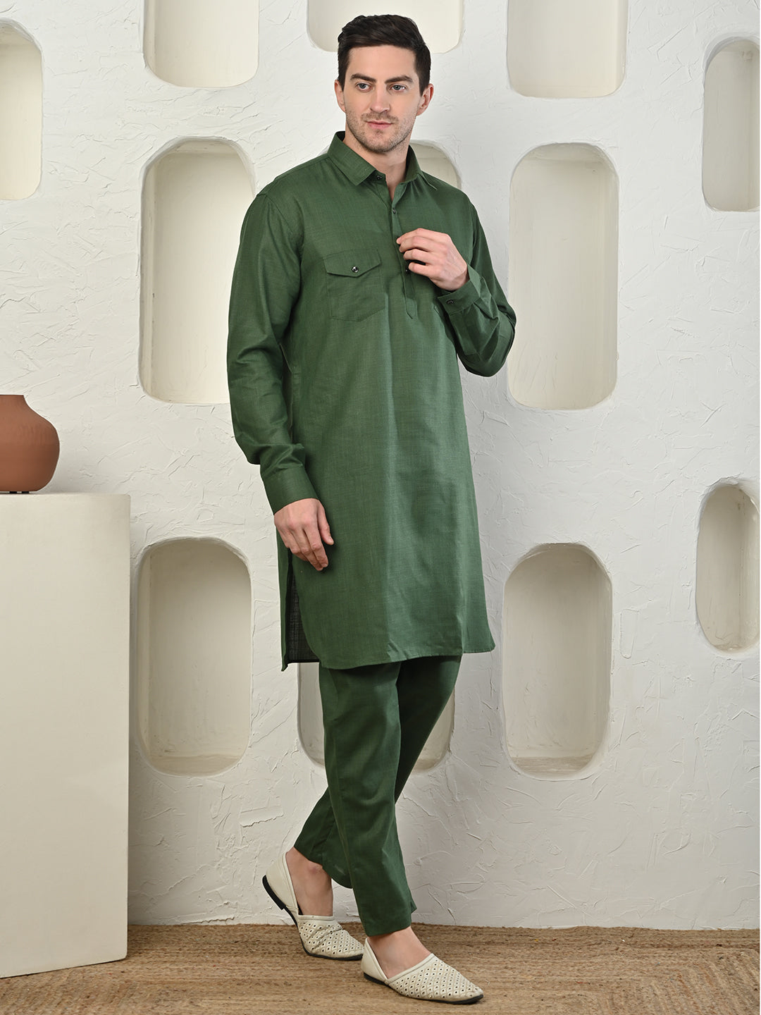 Olive Green Cotton Blend Pathani Kurta Pajama Set