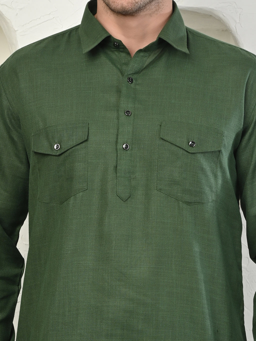 Olive Green Cotton Blend Pathani Kurta Pajama Set