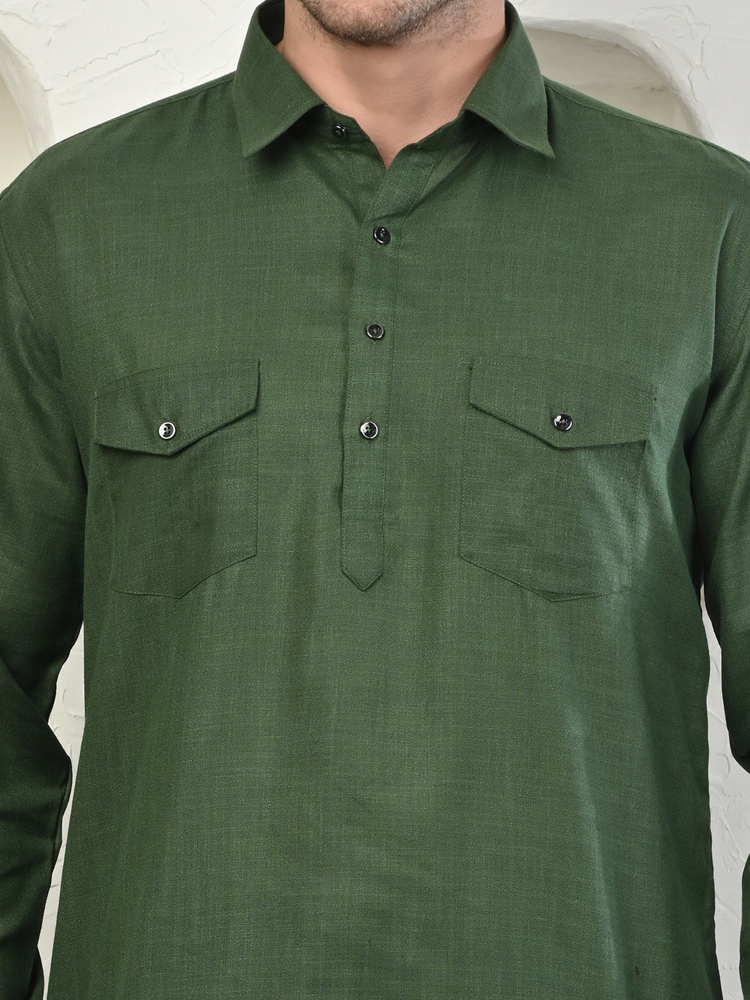 Olive Green Cotton Blend Pathani Kurta Pajama Set