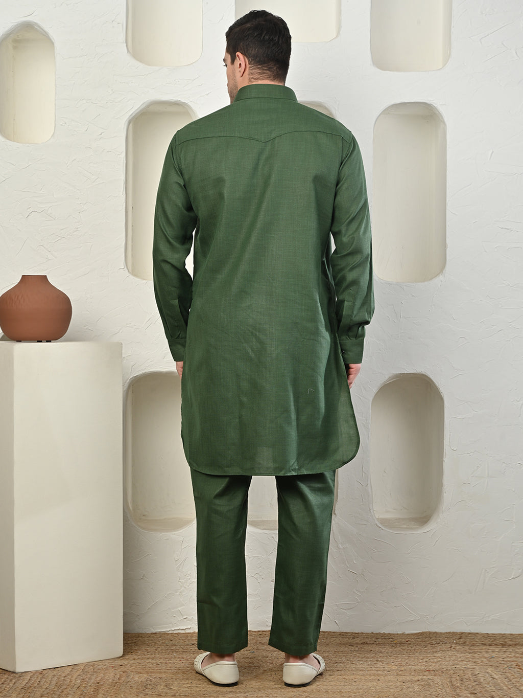 Olive Green Cotton Blend Pathani Kurta Pajama Set