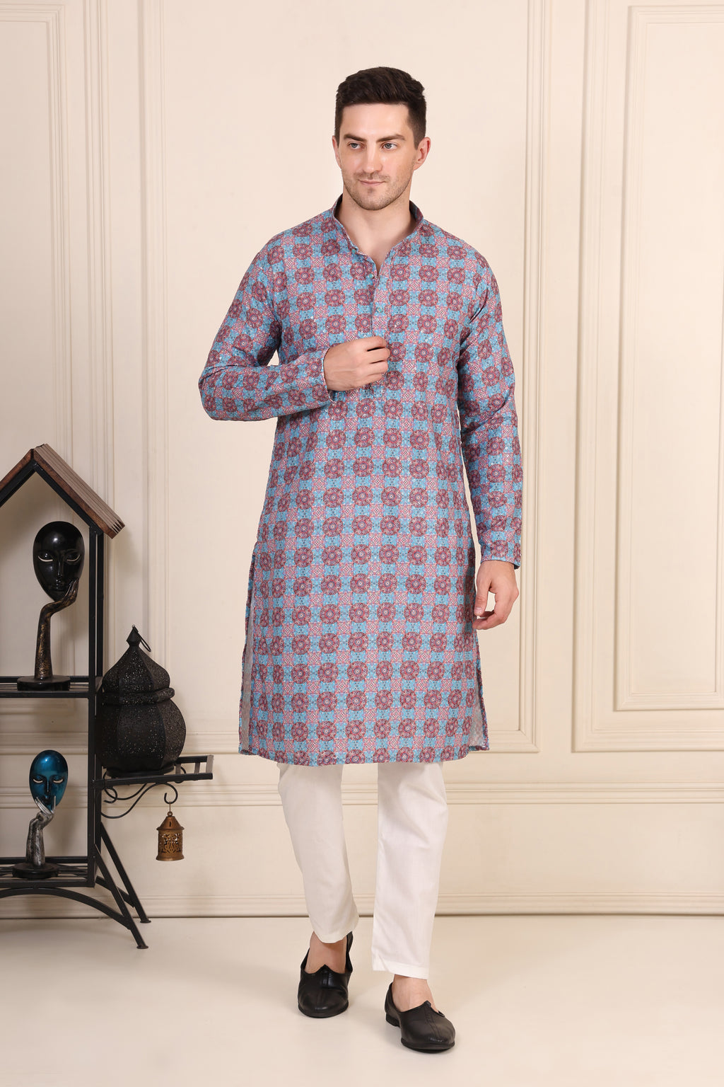 Men's Blue & Maroon Printed Cotton Kurta Set with White Pajama