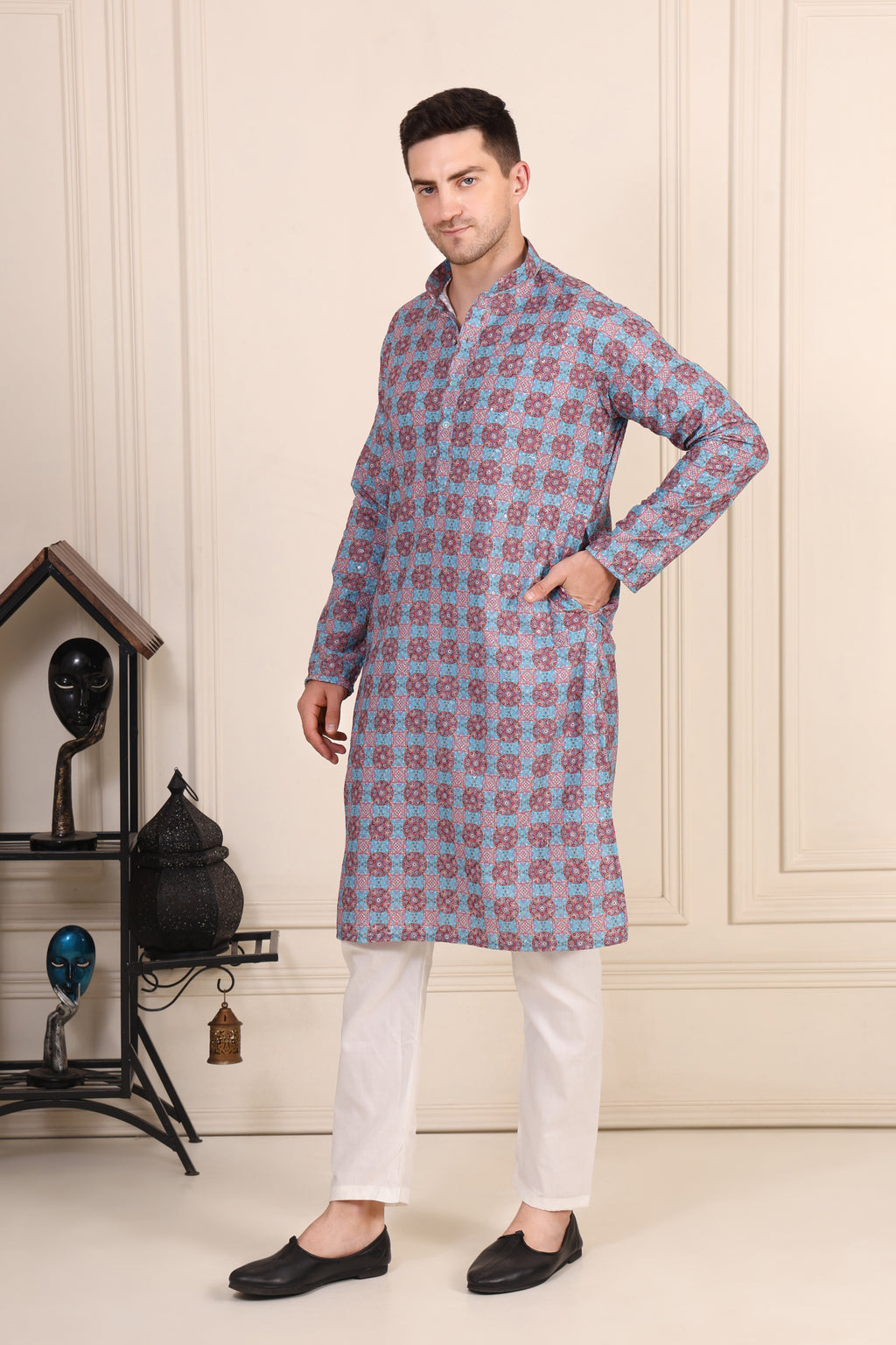 Men's Blue & Maroon Printed Cotton Kurta Set with White Pajama