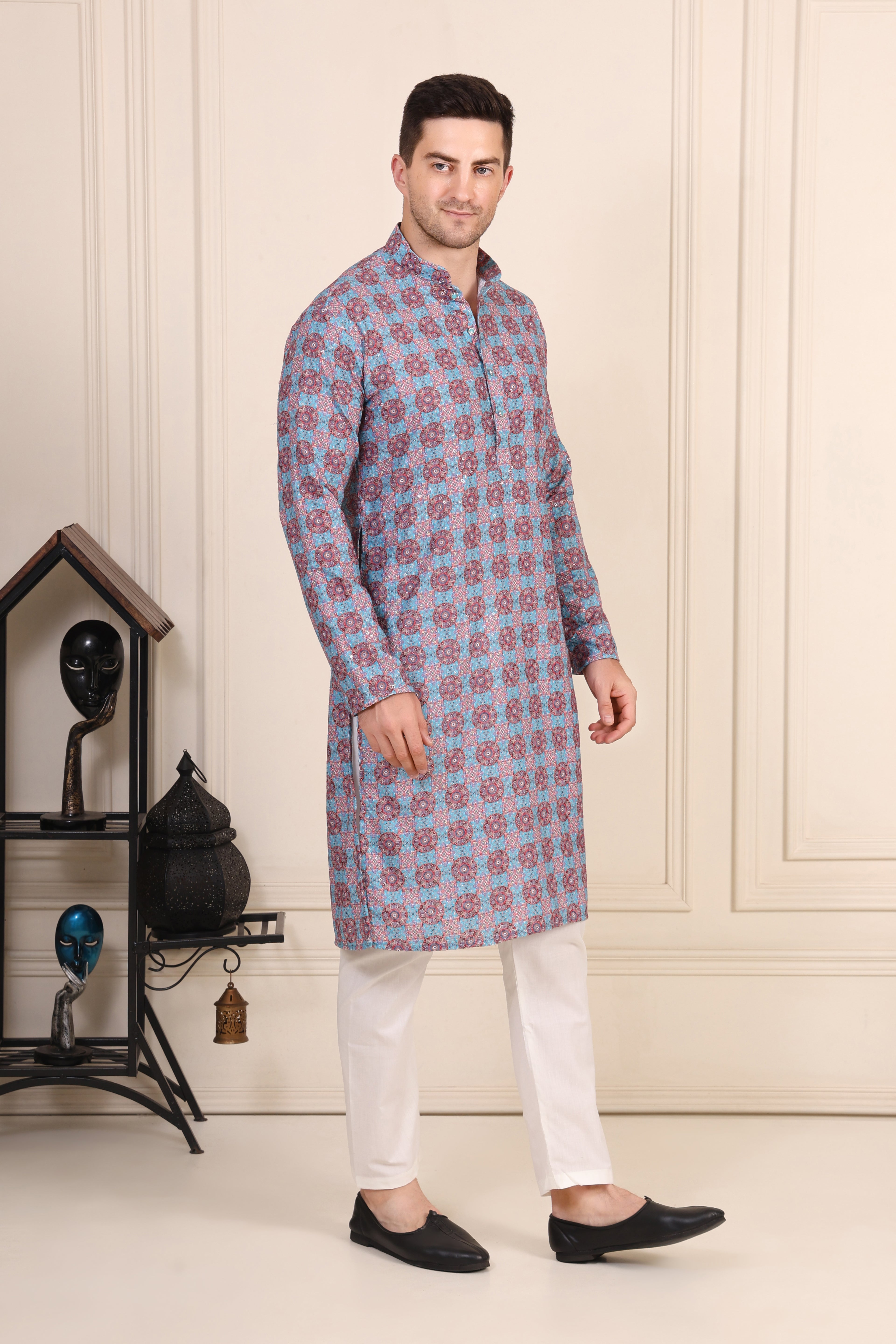 Men's Blue & Maroon Printed Cotton Kurta Set with White Pajama