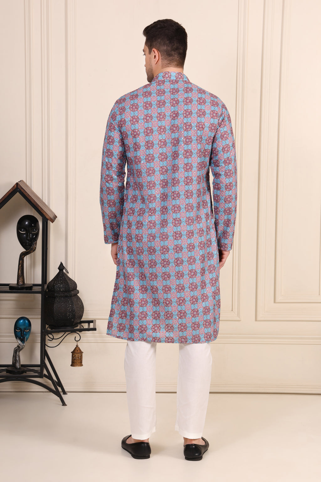 Men's Blue & Maroon Printed Cotton Kurta Set with White Pajama